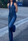 Small Quantity Clothing Manufacturer Women'S Jeans Zipper Sleeveless V Neck High Waist Denim Jumpsuit