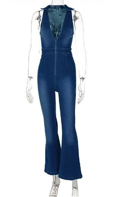 Small Quantity Clothing Manufacturer Women'S Jeans Zipper Sleeveless V Neck High Waist Denim Jumpsuit